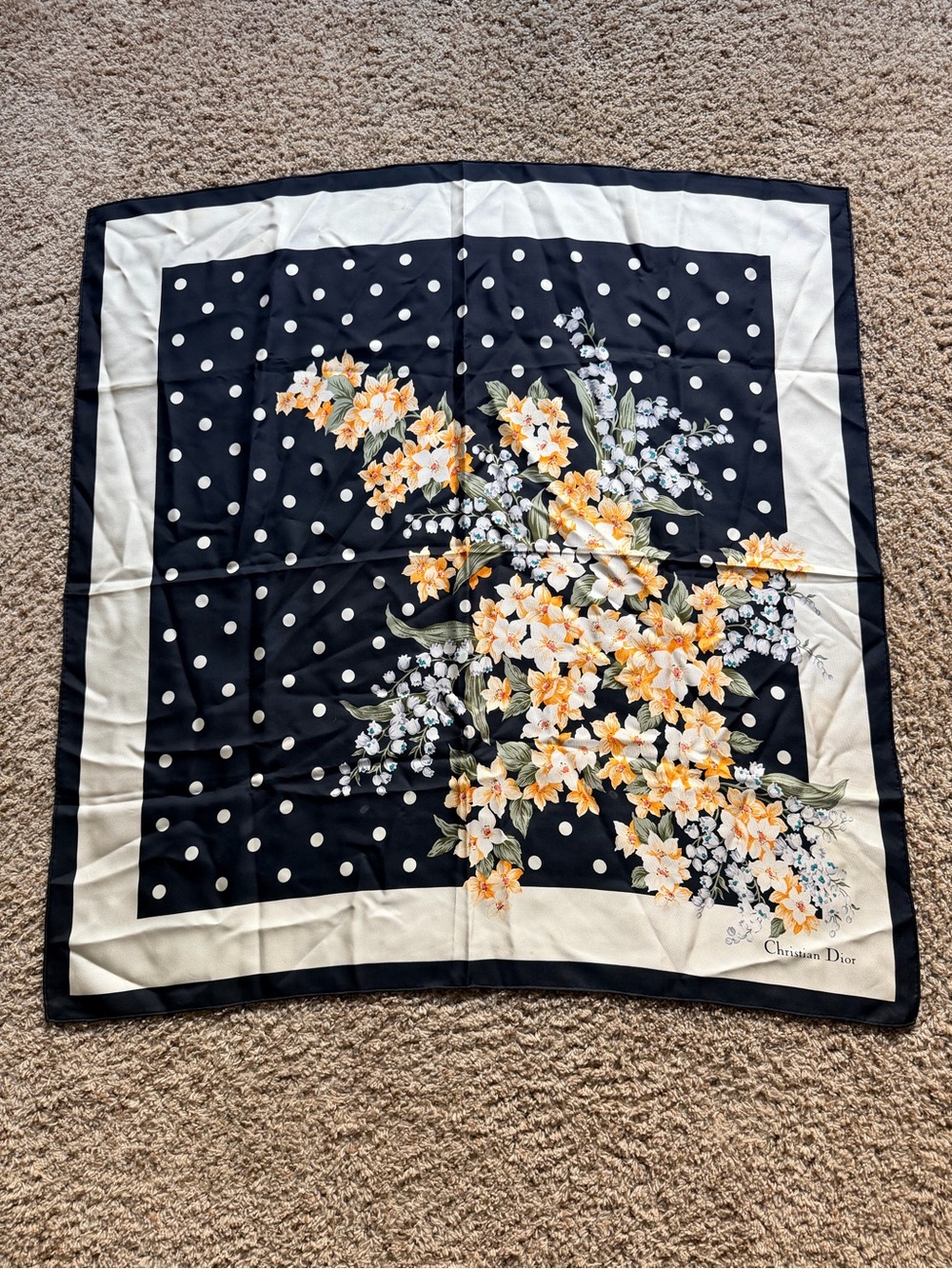 Christian Dior Black Polka Dot Floral Silk Scarf
